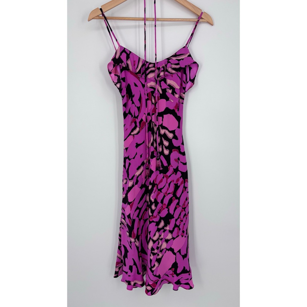 Vintage 90s Betsey Johnson 100% Silk Ruffle Midi Dress Womens P Pink Black